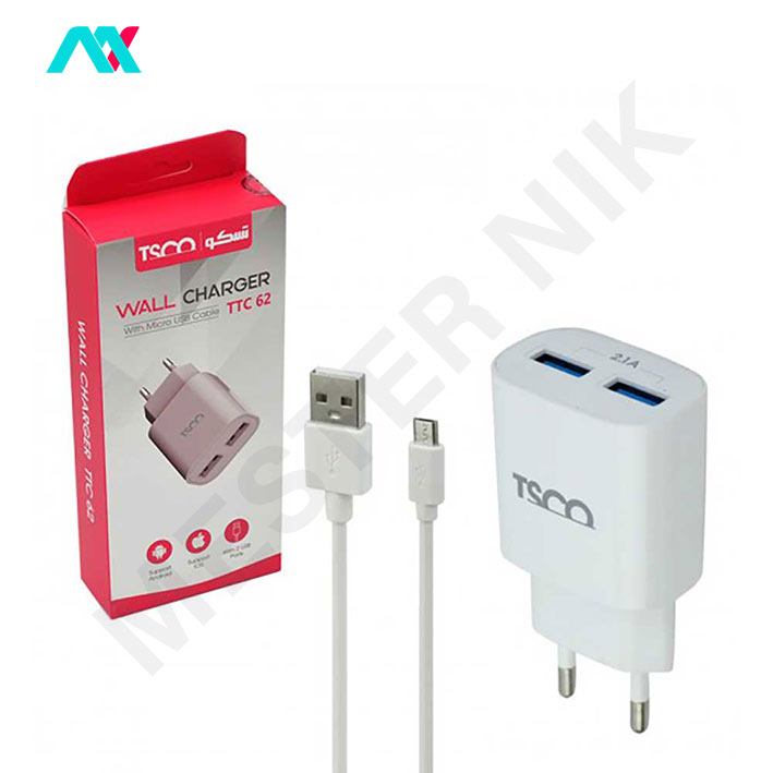 شارژر دیواری TSCO مدل TTC 62 به همراه کابل تبدیل MicroUSB