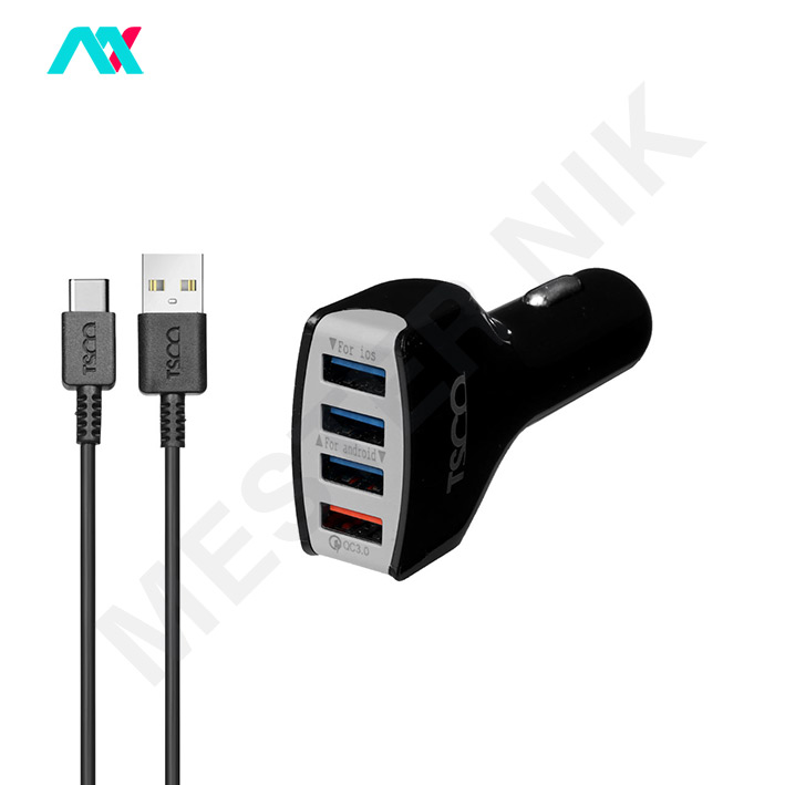 شارژر فندکی فست چهار پورت TSCO مدل TCG 20 به همراه کابل USB-C